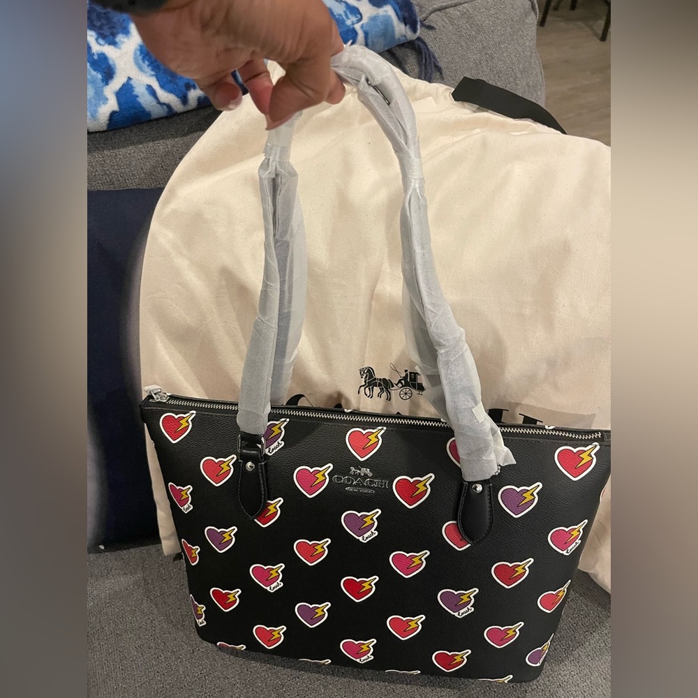 Coach Black Tote with Colorful Heart Print